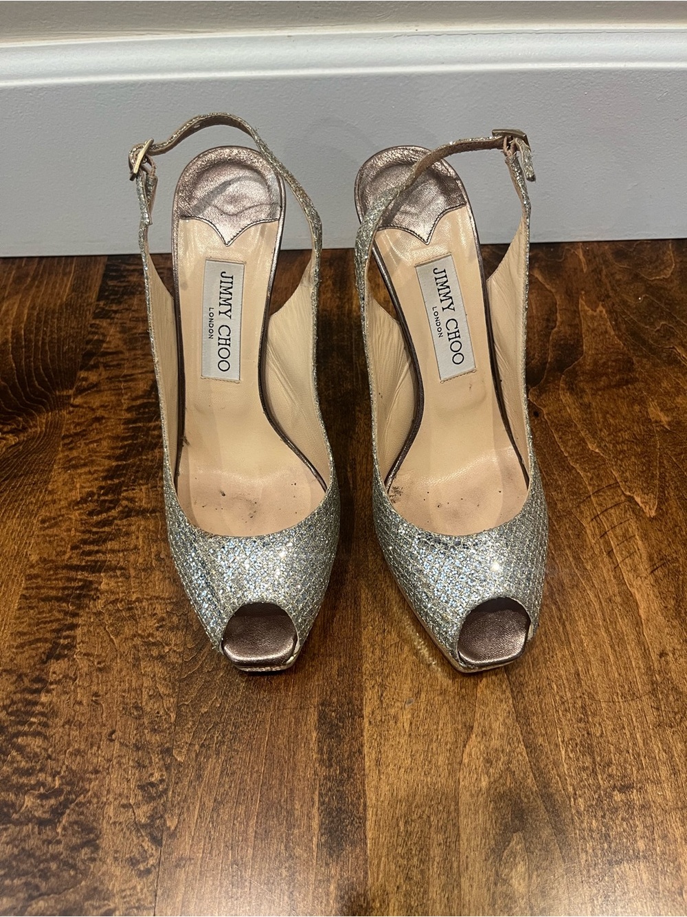 Jimmy Choo Gold Platform Heels, Size 8.5